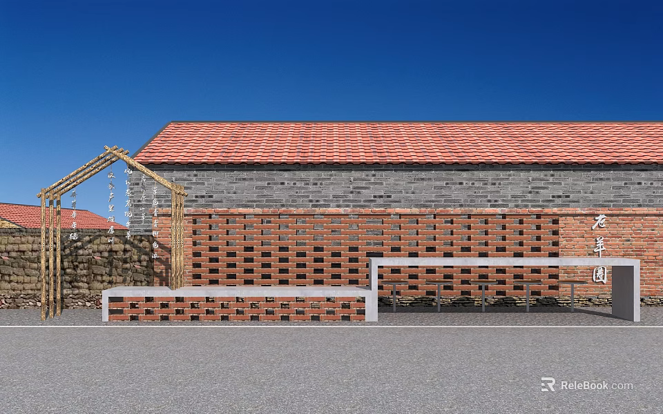 Red Brick Feature Wall With Hollow Design And Bamboo Arch Under Tile Roof 3d model
