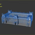 Cartoon Scene Of Classical Building With Blue Roof White Walls Multiple Windows And Symmetrical Design