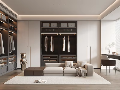 Modern Walk in Closet Interior With Hanging Rods Cabinets Sofa And Soft Lighting 3d model
