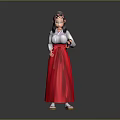 3D Female Character With Black Long Hair White Top Red Skirt And Colorful Sole Shoes