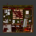 Detailed Miniature Room Model With Grid Window Bookshelf Red Curtain And Furniture