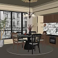 Elegant Modern Restaurant Interior With Round Dining Table Chairs Chandelier Blinds And Marble Wall Decor
