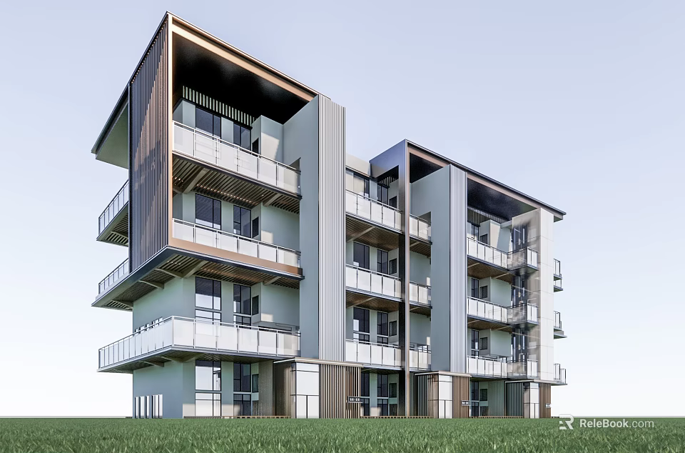 Modern Multistory Apartment Building With Glass Balconies Metal Exterior And Green Grass Surroundings 3d model 