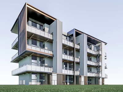 Modern Multistory Apartment Building With Glass Balconies Metal Exterior And Green Grass Surroundings 3d model