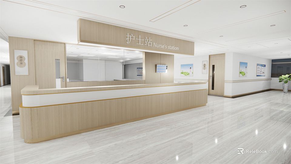 Modern Hospital Outpatient Nurse Station Interior Design With Wooden Counter And Bright Waiting Area 3d model 