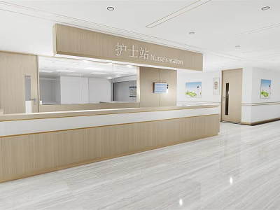Modern Hospital Outpatient Nurse Station Interior Design With Wooden Counter And Bright Waiting Area 3d model