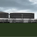 Modern High Rise Building Complex With Glass Facade Connected Towers And Green Area