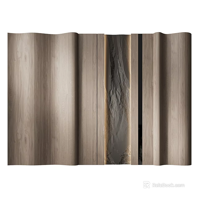 Modern Wooden Feature Wall Design With Vertical Stone Accent Strip And Smooth Texture 3d model 