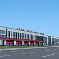 Modern Fire Station Building with Red Garage Doors and Blue Sky Background