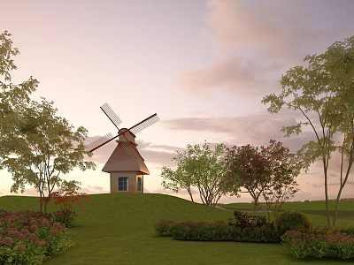 Windmill On Green Hill Surrounded By Trees Flower Bushes Pink Blue Sky And Fluffy Clouds 3d model