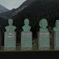 Garden Landscape Featuring Five Bronze Busts On Stone Plinths With Mountainous Backdrop And Green Grassland