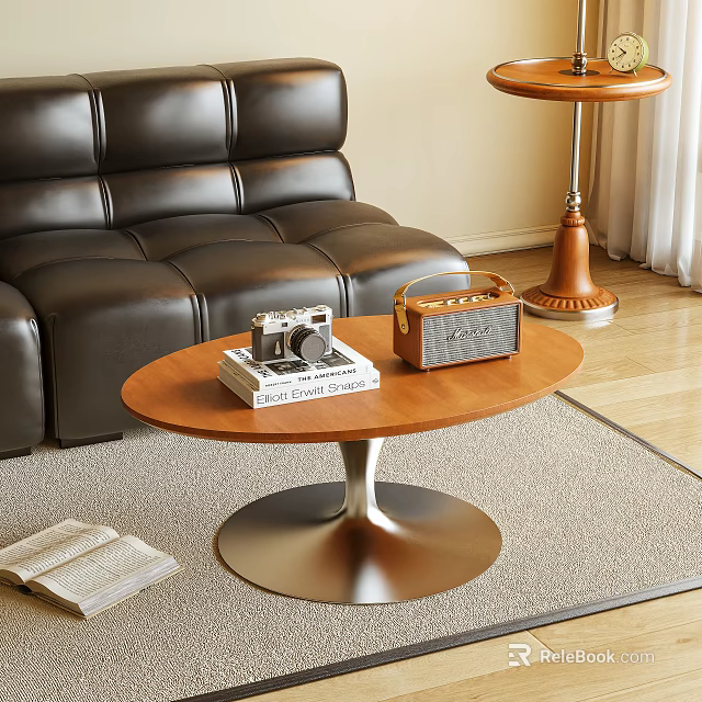 Modern Coffee Table With Camera Radio Books And Black Leather Sofa On Wooden Floor 3d model 