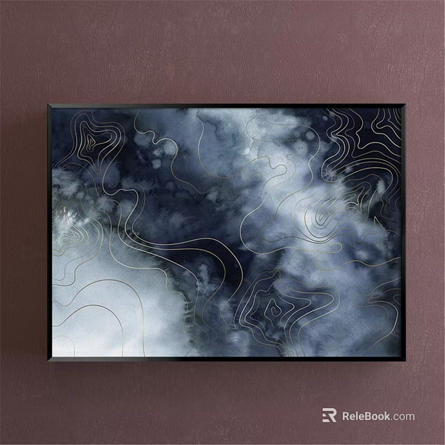 Abstract Painting with Navy Blue White Watercolor and Golden Flowing Lines in Black Frame 3d model 