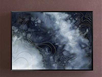 Abstract Painting with Navy Blue White Watercolor and Golden Flowing Lines in Black Frame 3d model
