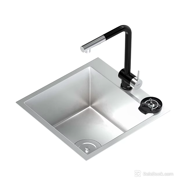 Square Stainless Steel Kitchen Sink With Black Faucet And Soap Dispenser Design 3d model 