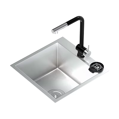 Square Stainless Steel Kitchen Sink With Black Faucet And Soap Dispenser Design 3d model