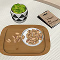 Decorative Ornament Set with Wooden Tray White Bowl Pistachios Moss Plant and Book