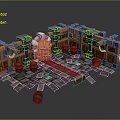 Cartoon Style Medieval Gateway Scene With Stone Brick Floor Red Carpet And Wooden Barrels
