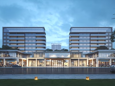 Modern Commercial Street With Multi Story Buildings Illuminated Storefronts And Evening Greenery 3d model