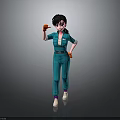 Woman wearing blue overalls and orange gloves gesturing with right hand standing on gray surface