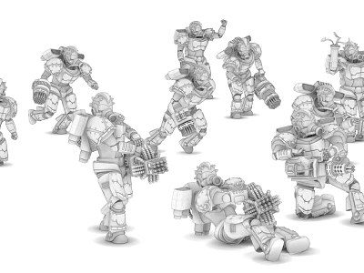 Mechanical Style Game and Movie Characters in Various Poses Line Art Sketches 3d model