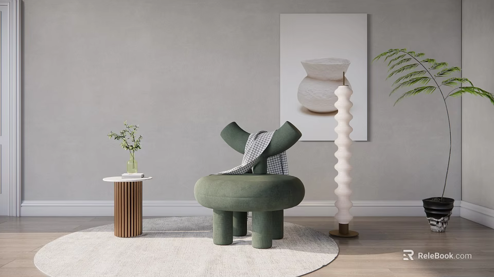 Modern Green Accent Chair With Round Rug Spiral Floor Lamp Wall Art And Plant 3d model 