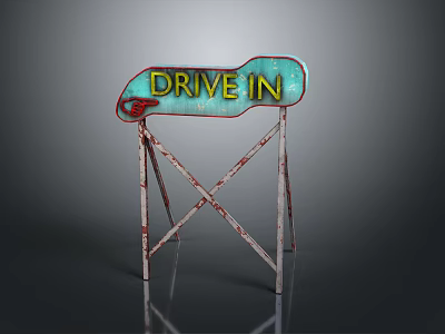 Vintage Drive IN Sign With Rusted Metal Stand And Retro Design Elements 3d model