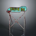 Vintage Drive IN Sign With Rusted Metal Stand And Retro Design Elements