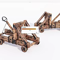 Two Medieval Wooden Catapult Weapons With Wheeled Base And Crossbeam Structure 3d model