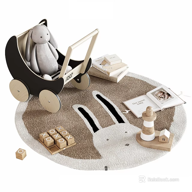 Round Carpet Featuring Bunny Plush Baby Stroller Wooden Blocks Open Book Lighthouse And House Models 3d model 