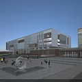 Modern School Building With Glass Facade Plaza Fountain And People Walking Around