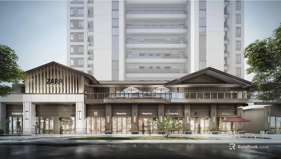 Modern Commercial Street With ZARA Store Architectural Design Pedestrians Outdoor Seating And Greenery 3d model 