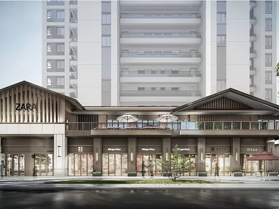 Modern Commercial Street With ZARA Store Architectural Design Pedestrians Outdoor Seating And Greenery 3d model