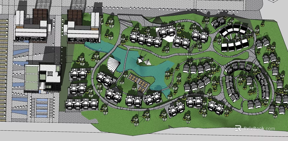 Commercial Landscape Design with Green Spaces Commercial Buildings Central Pond and Winding Paths 3d model 