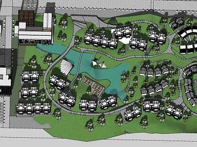 Commercial Landscape Design with Green Spaces Commercial Buildings Central Pond and Winding Paths 3d model