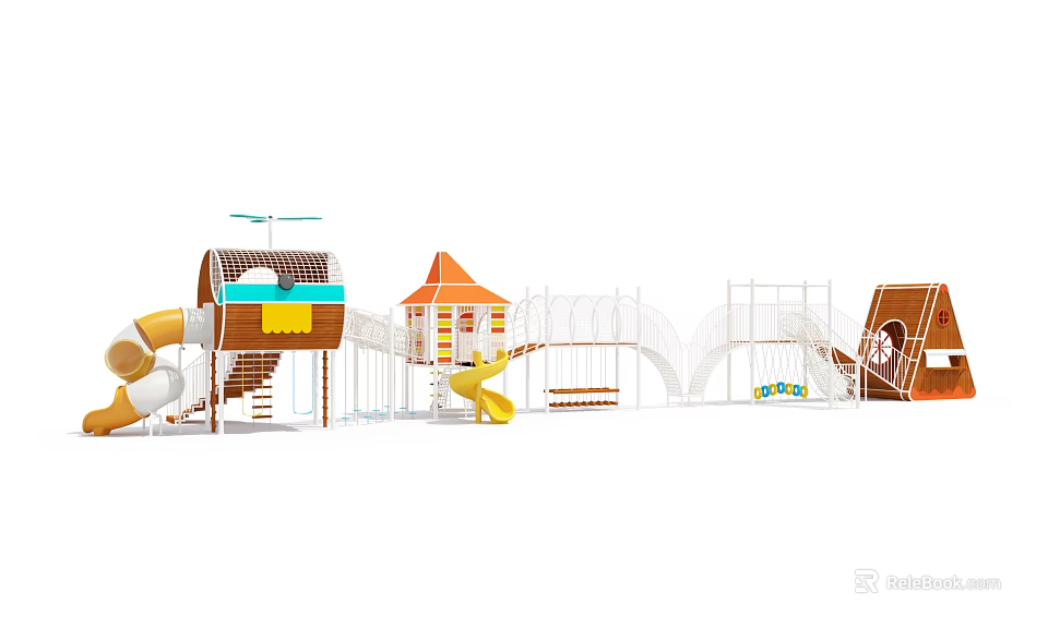 Colorful Outdoor Playground Equipment With Slide Climbing Frame And Castle Shaped Tower 3d model 