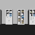 White Bookcases with Glass Doors Holding Books Folders Grey Wall and Smooth Grey Floor