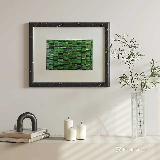 Black Framed Abstract Painting with Green Square Pattern on Wall and Decorative Elements 3d model