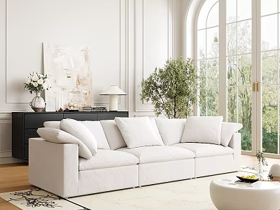 Elegant Living Room With White Sofa Arched Windows Green Plant And Artwork 3d model