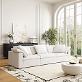 Elegant Living Room With White Sofa Arched Windows Green Plant And Artwork