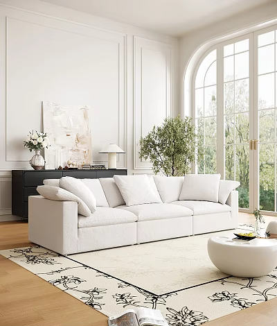 Elegant Living Room With White Sofa Arched Windows Green Plant And Artwork 3d model