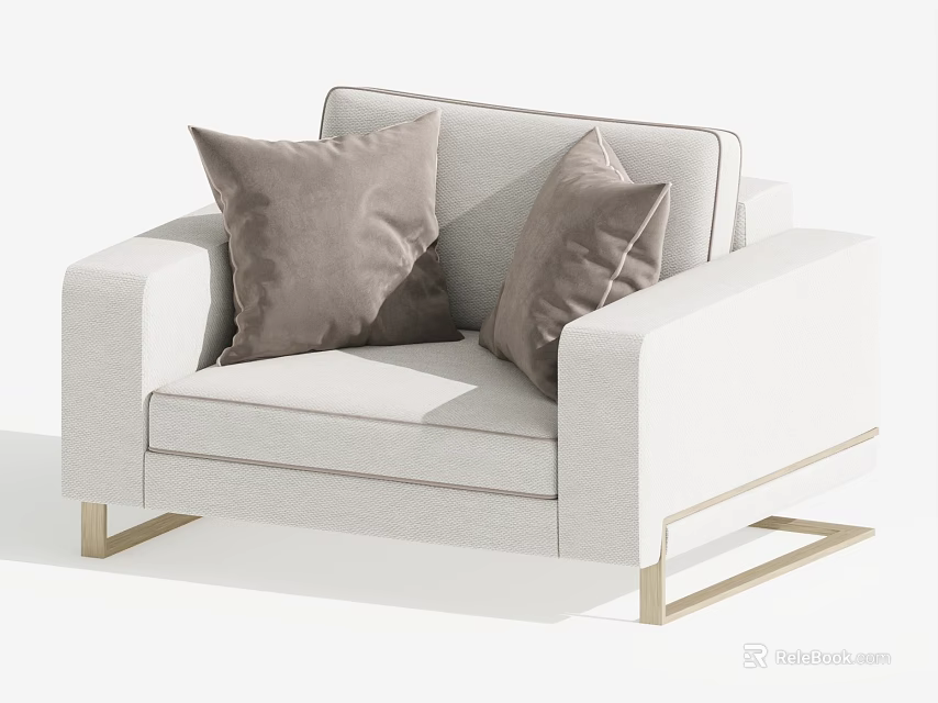 Light Gray Single Sofa with Brown Cushions and Golden Legs in Modern Fabric Design 3d model 