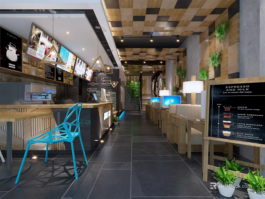 Modern Café Interior Design With Wooden Ceiling Green Plants Blue Chairs And Menu Board 3d model 