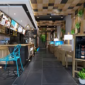Modern Café Interior Design With Wooden Ceiling Green Plants Blue Chairs And Menu Board