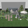 Outdoor Window Display With Teepee Tents Green Plants Pink Flowers And Decorative Lights