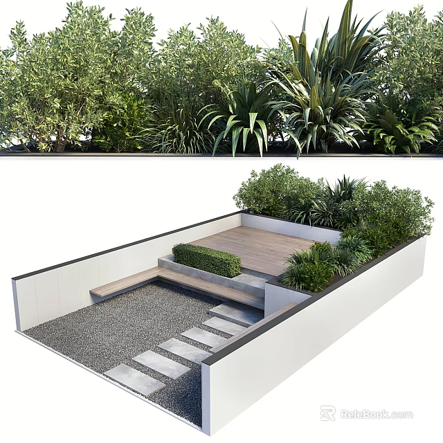 Garden Feature with Wooden Deck Gravel Pathway Stone Steps and Lush Green Plants 3d model 