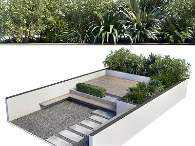 Garden Feature with Wooden Deck Gravel Pathway Stone Steps and Lush Green Plants 3d model