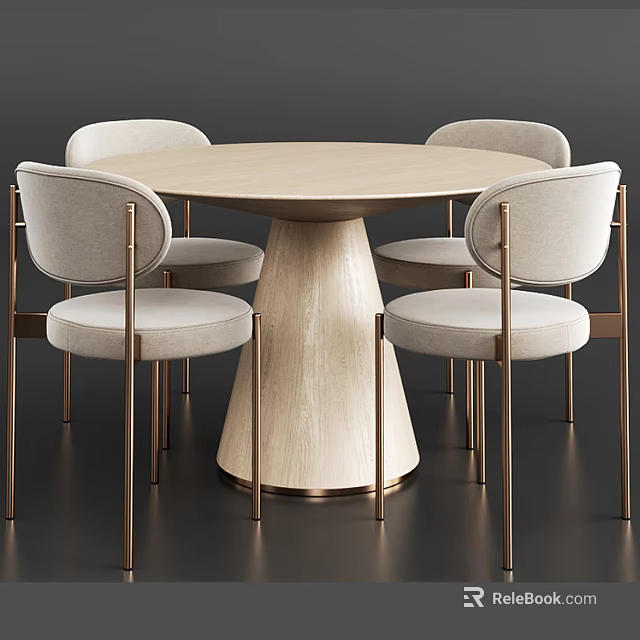Round Wooden Dining Table Set with Four Light Gray Chairs and Gold Metal Conical Base 3d model 
