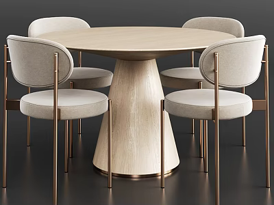 Round Wooden Dining Table Set with Four Light Gray Chairs and Gold Metal Conical Base 3d model
