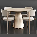 Round Wooden Dining Table Set with Four Light Gray Chairs and Gold Metal Conical Base